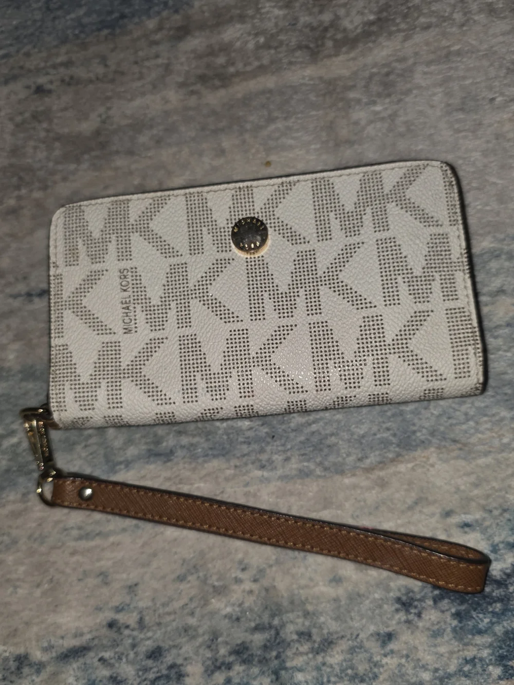 Michael Kors Beige and White MK Logo Wristlet Wallet with Brown Strap